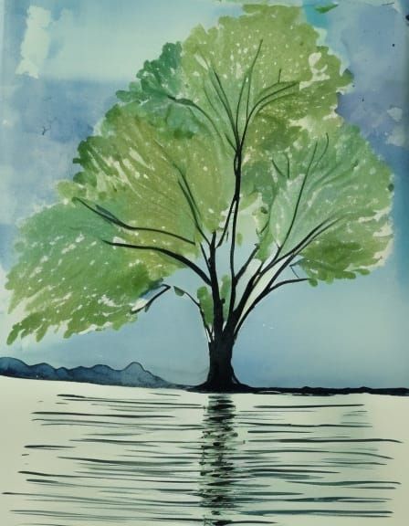 spreading green willow tree by the water