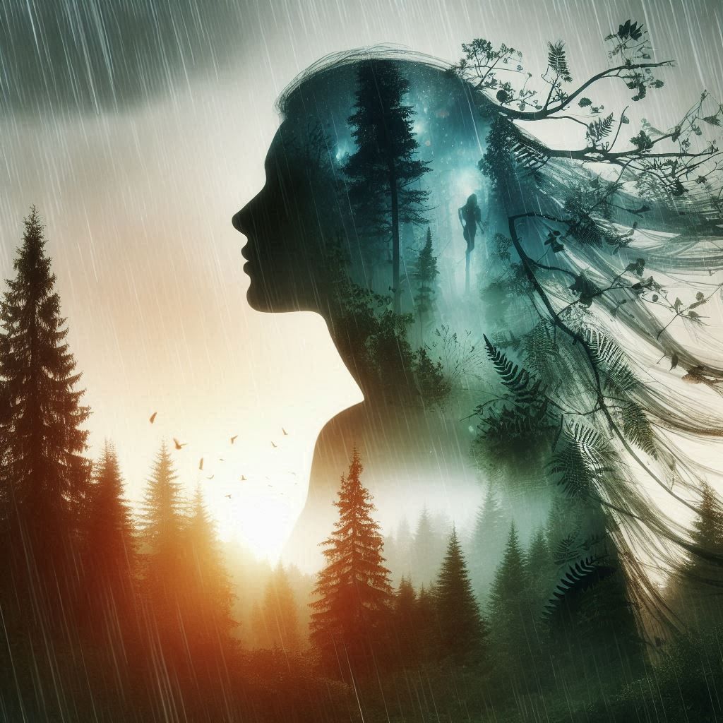 double exposure beautiful fantasy DALL-E 3 portrait landscape..