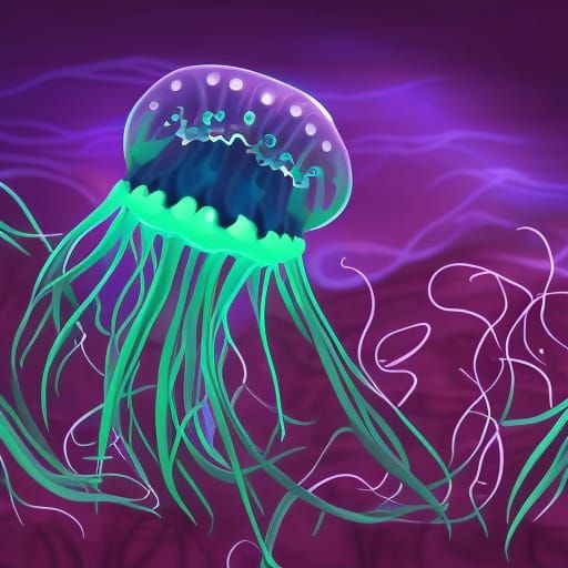 A deep sea jellyfish glowing with other bioluminescent sea c...