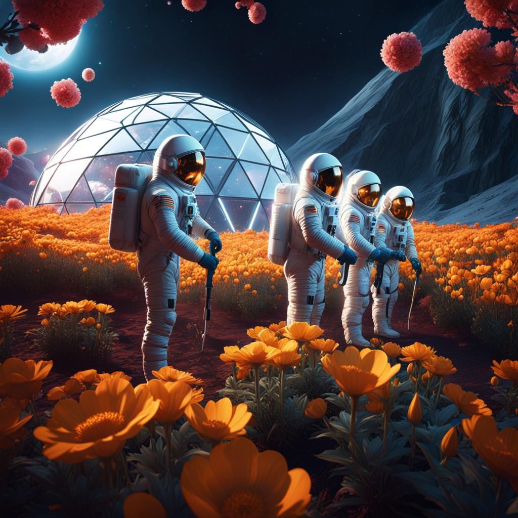 Three men in spacesuits tending to the flowers in a geodesic...