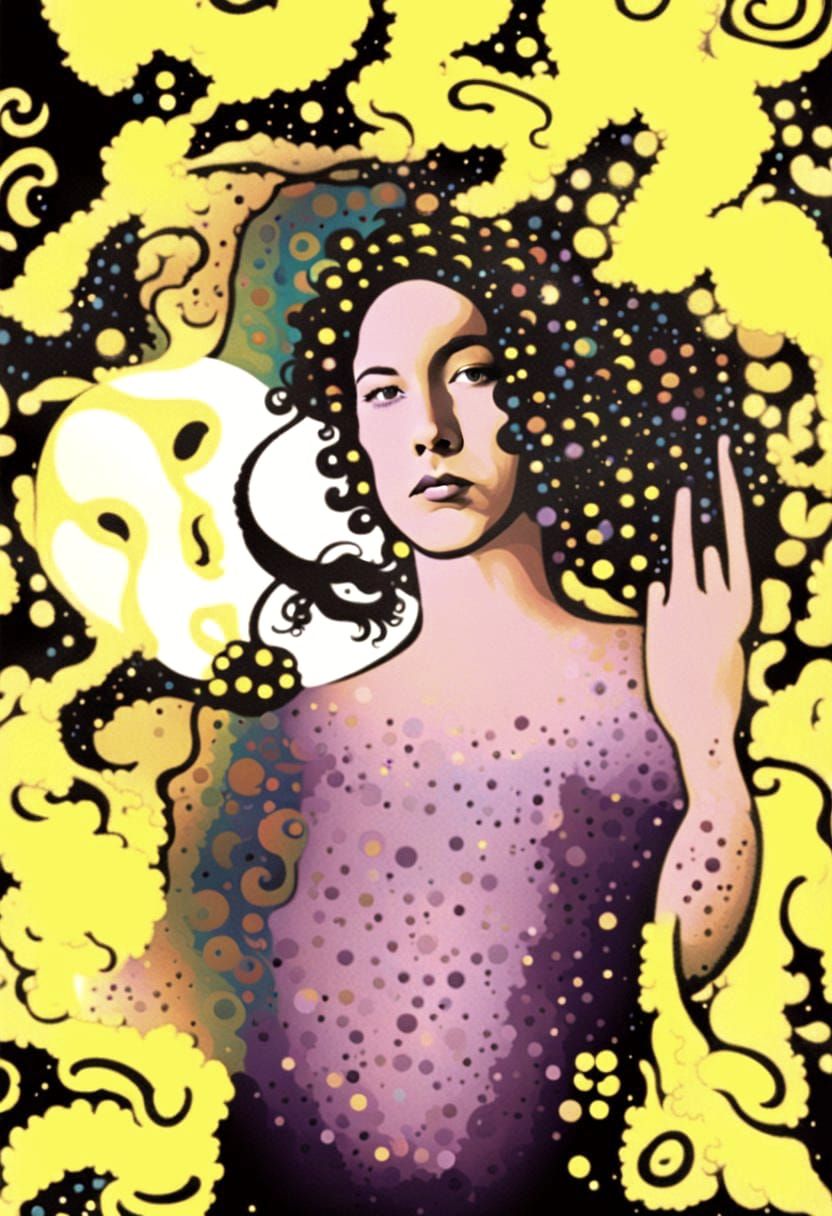 a psychedelic hippie woman with meandering swaying surreal black hair in the style of 60s record sleeve design