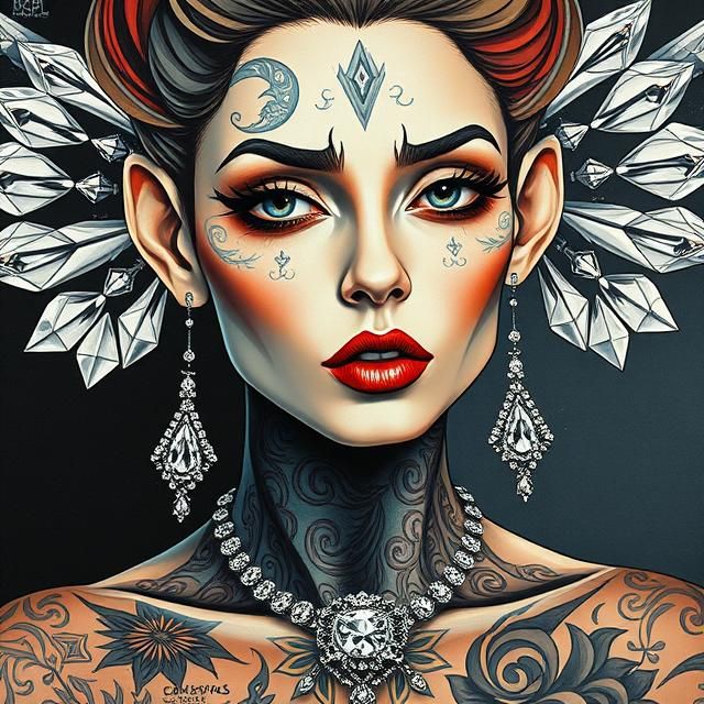 A pretty glamorous young woman covered with tattoos, with hu...