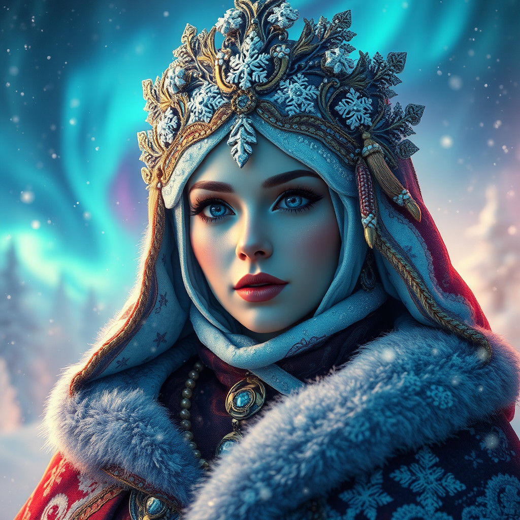 Snow Queen in Lavish Winter Cloak, Art Nouveau Style