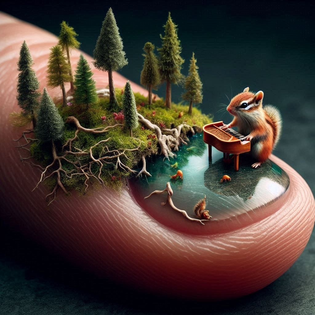Chipmunk plays piano on a mini finger forest  by @Fiona Etkin 1974 