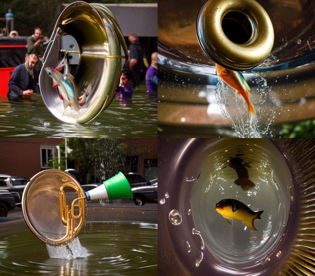 fish jumping from tuba full of water