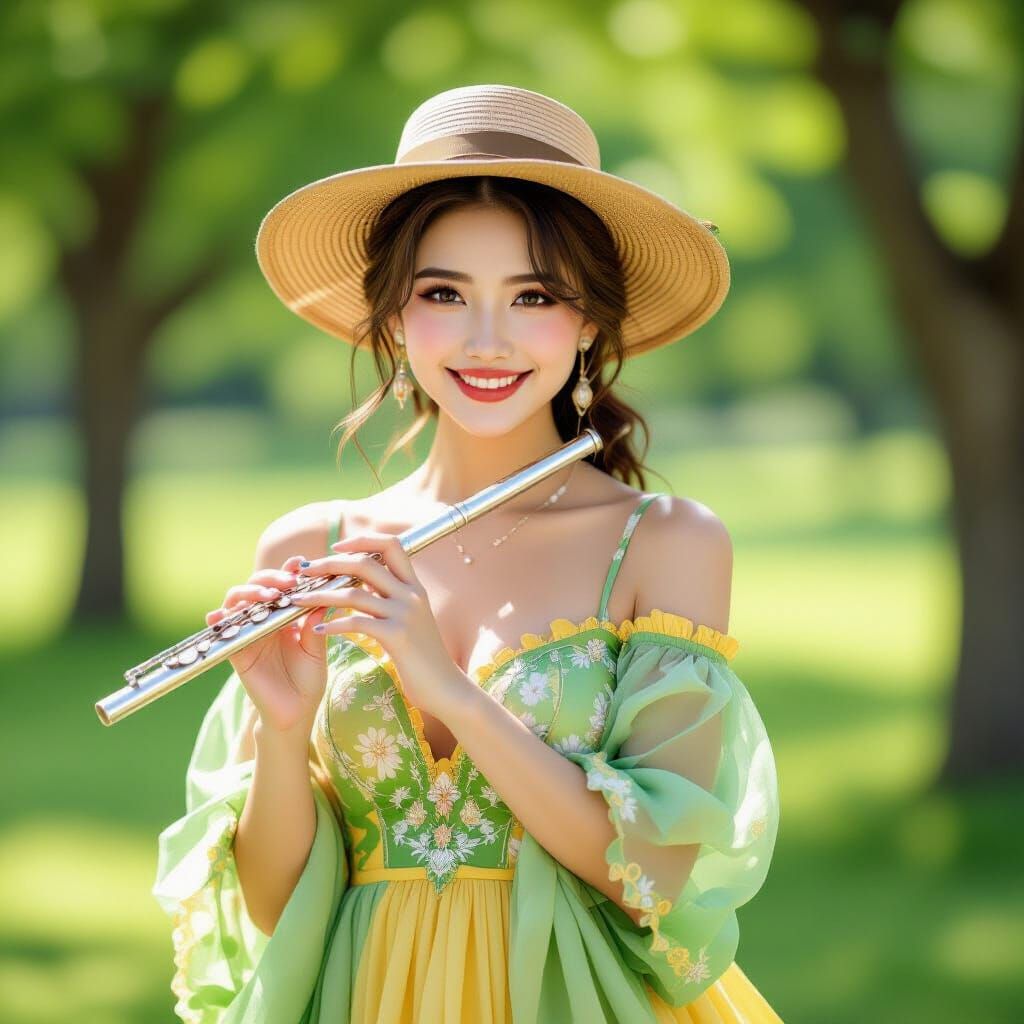 An adorable lady with small hat on her head and with beautiful smile, clad in ornate gradual tinting of green and yellow dress, is bringing ...