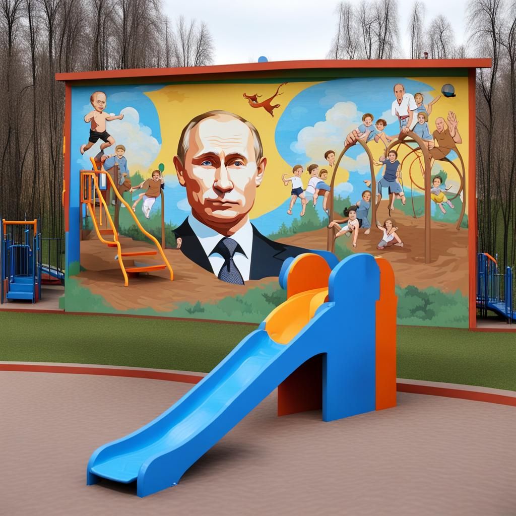 Putin , painted mural on wall, playground setting, slides and swings in