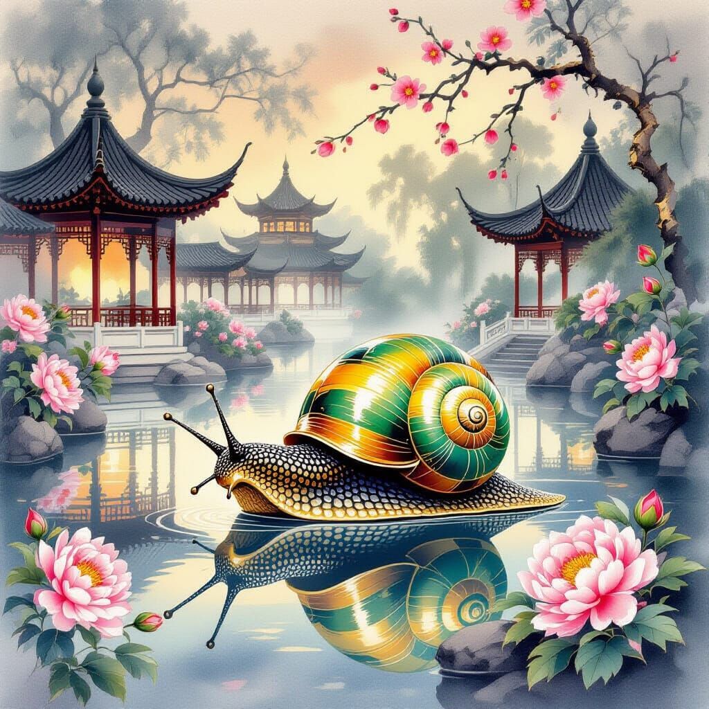 Golden Snail in Imperial Garden at Dusk