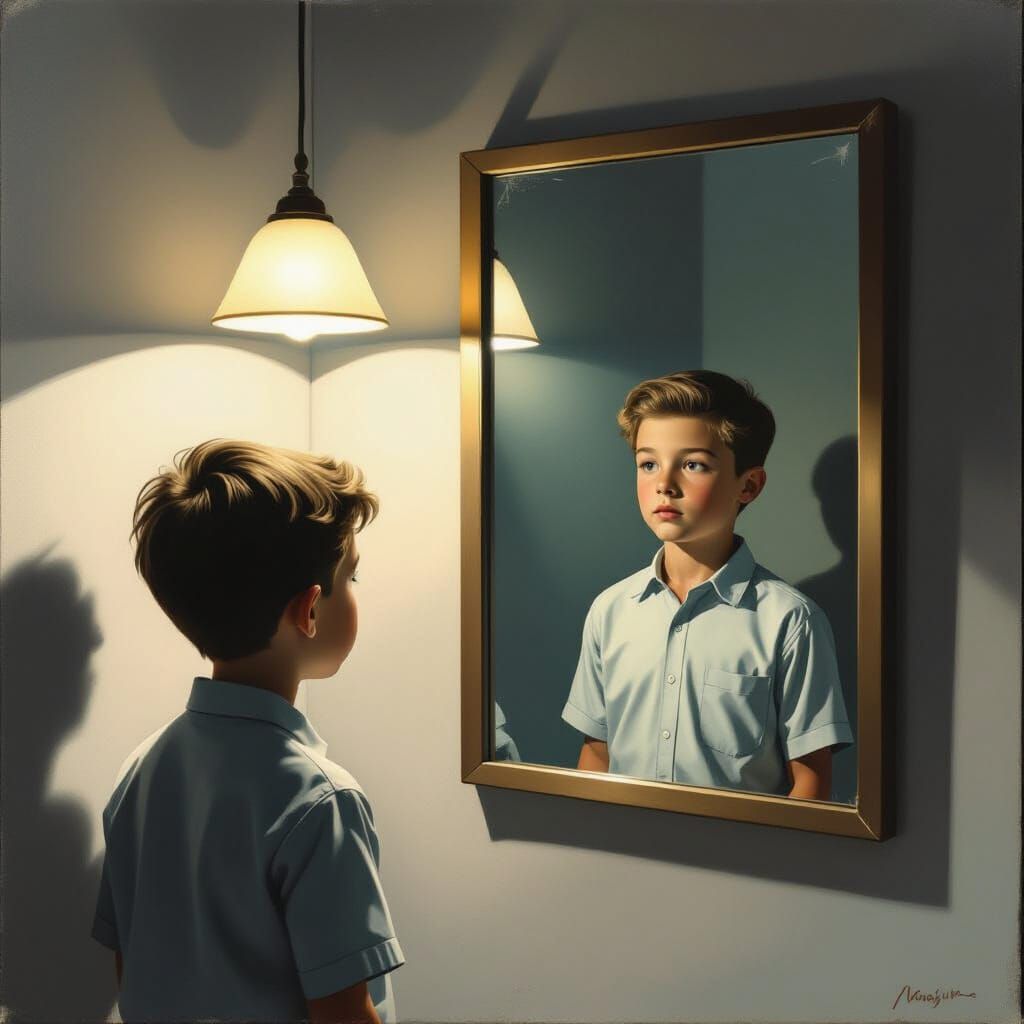 Boy Sees Adult Self in Mirror, Surreal Reflection