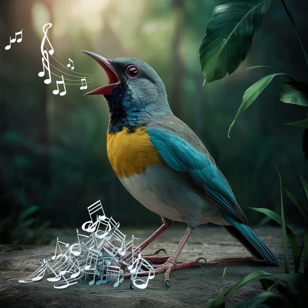 unearthly tropical song bird posed with it's beak open singing, the visible musical notes of it's sad ...  by @Cans