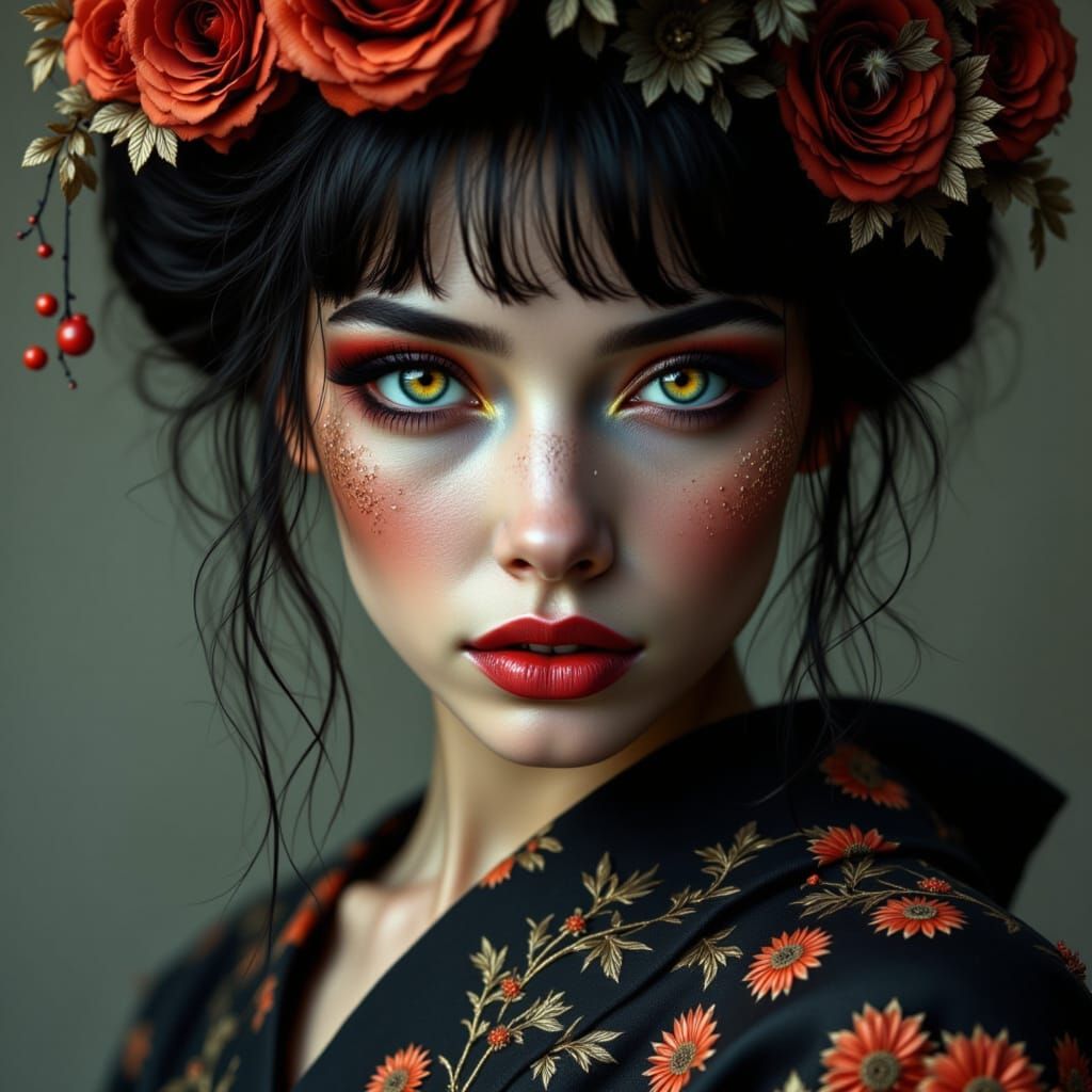 Generate an HD, Sharp Focus stunning 3/4 view dramatic dynamic portrait of a vivid Geisha in Asian Goth and Grunge style, infused with a rom...