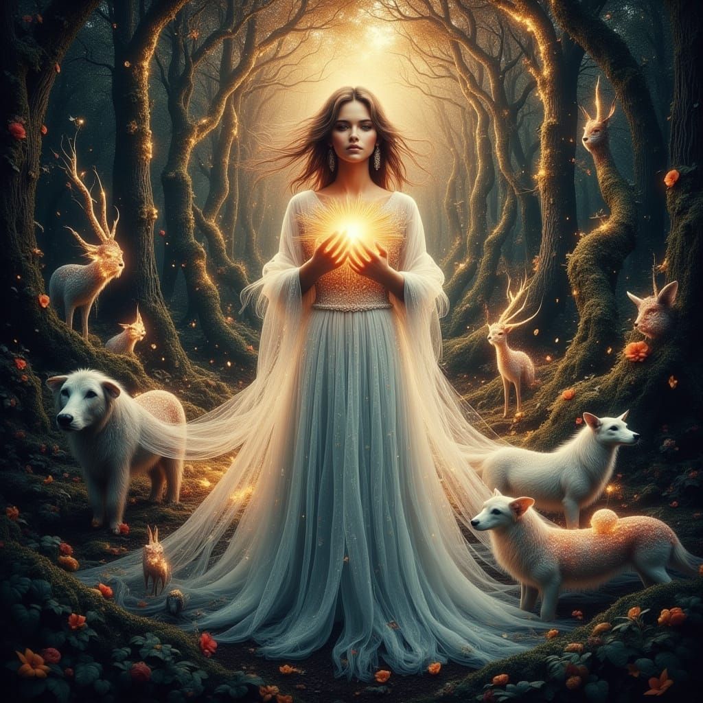 <lora:Dreamy Enchantment:1.0> <lora:divineOil:1.0> <lora:SuperHyperrealismFlx:1.0> A close-up portrait of a magical woman with love radiatin...