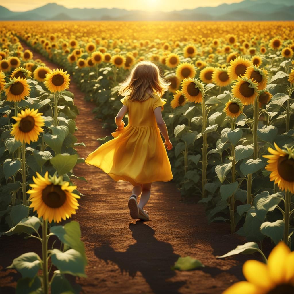 little girl with a yellow dress runs in a intense sunflowers...