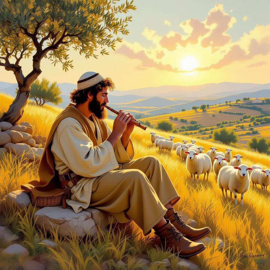 Jewish Shepherd Playing Flute in Judean Hills