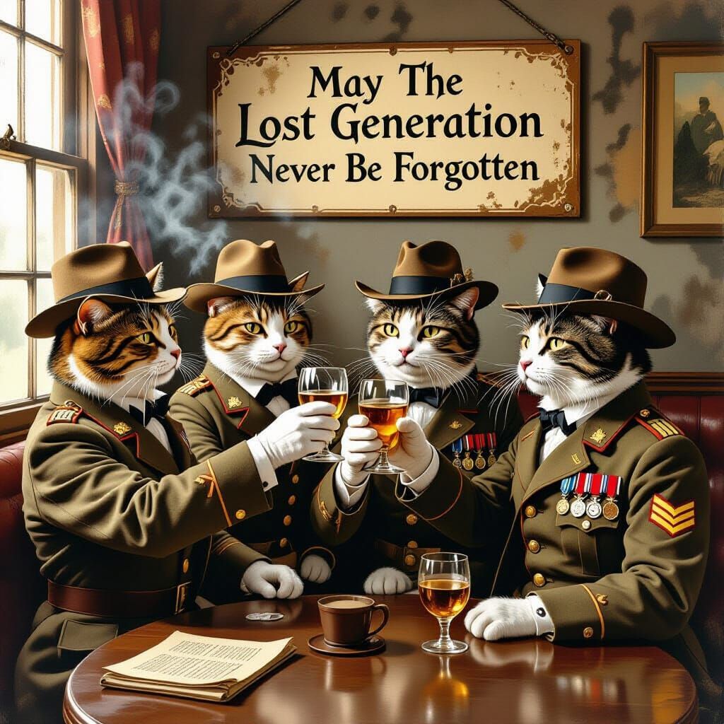 Reunion of The Lost Generation cats. All are dressed in World War One American army uniforms, They raise ...  by @Jakob Darkening