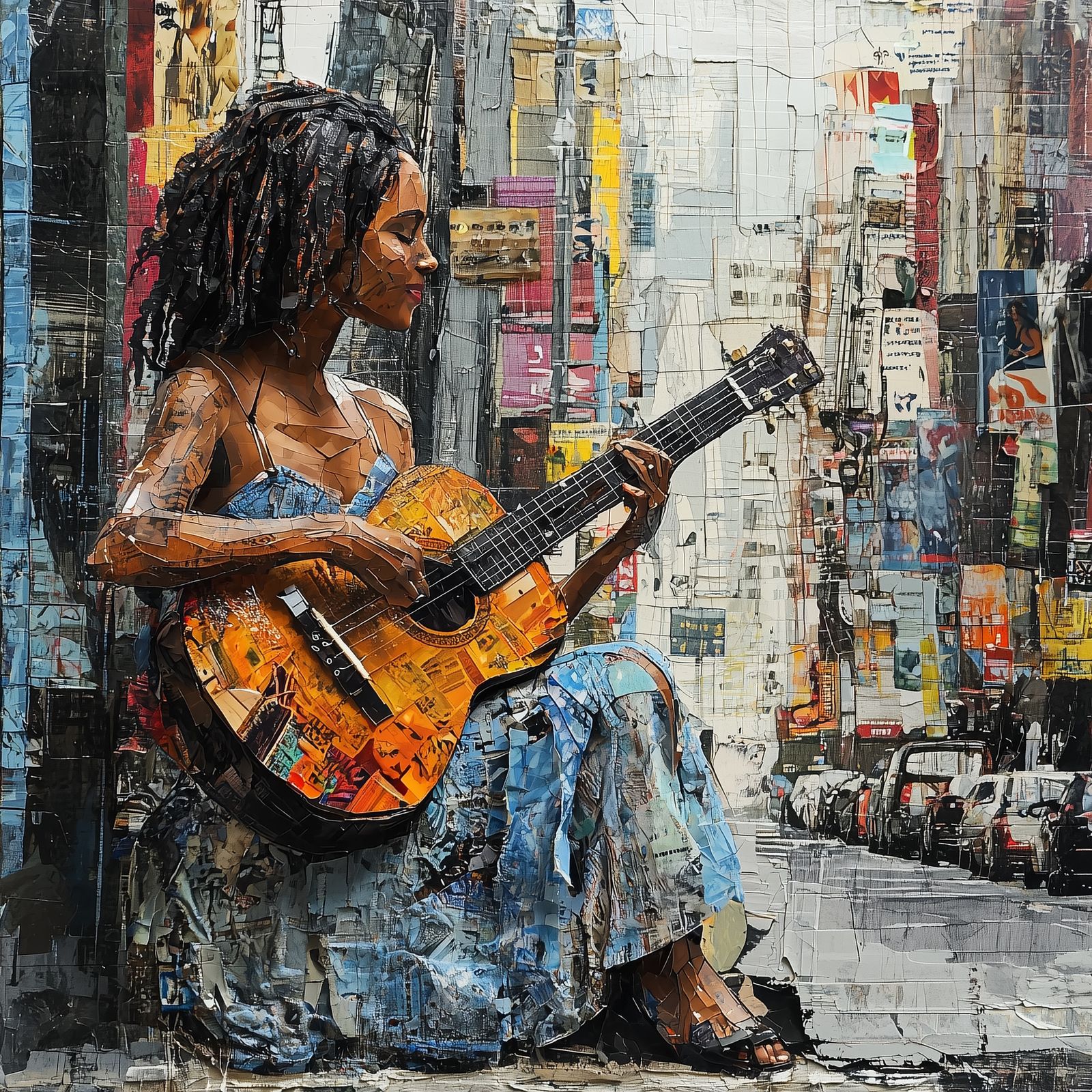 Busker in mixed media collage style