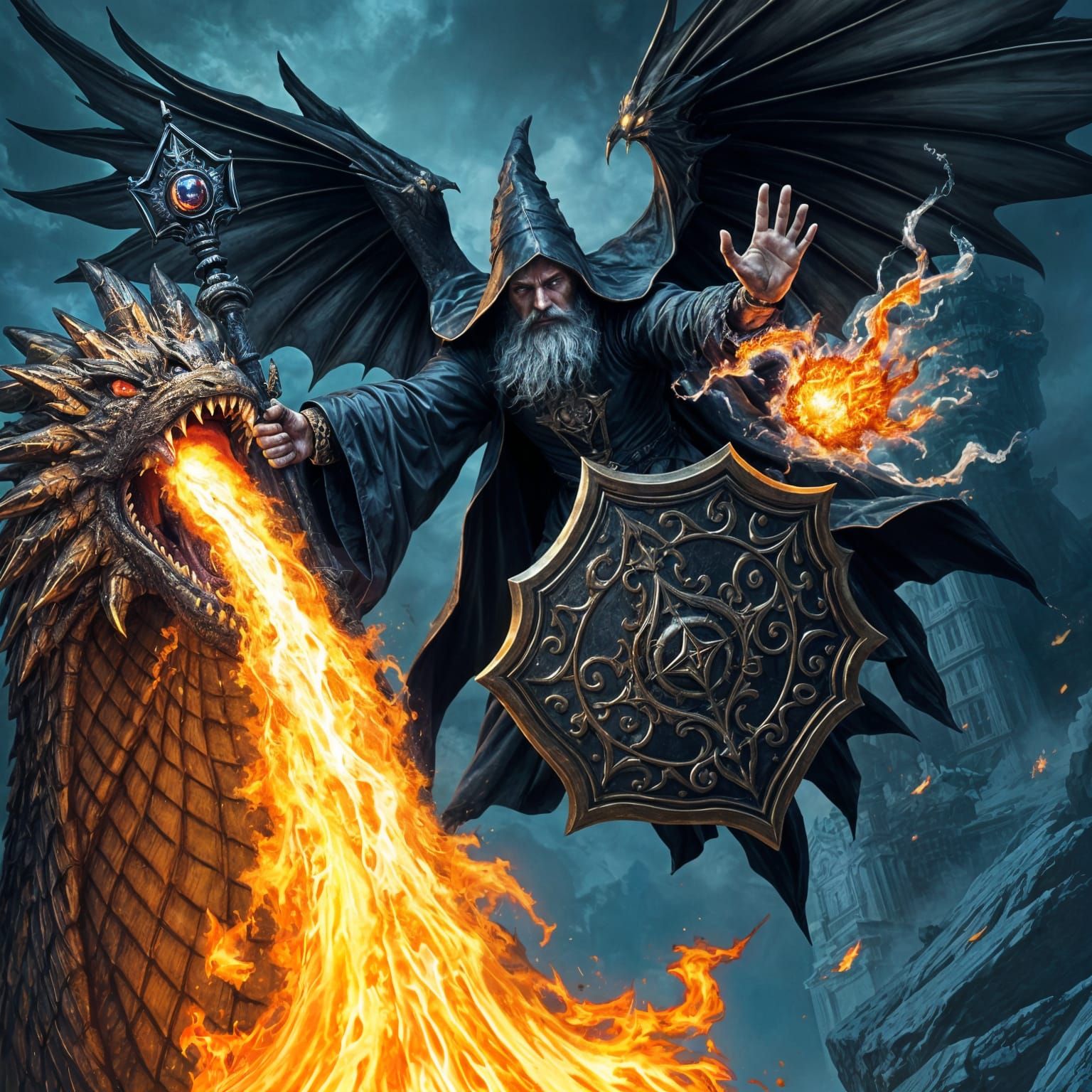 an evil wizard flying around on his black wings using extremely powerful dark magic on a huge dragon that's trying to blow fire on him but t...