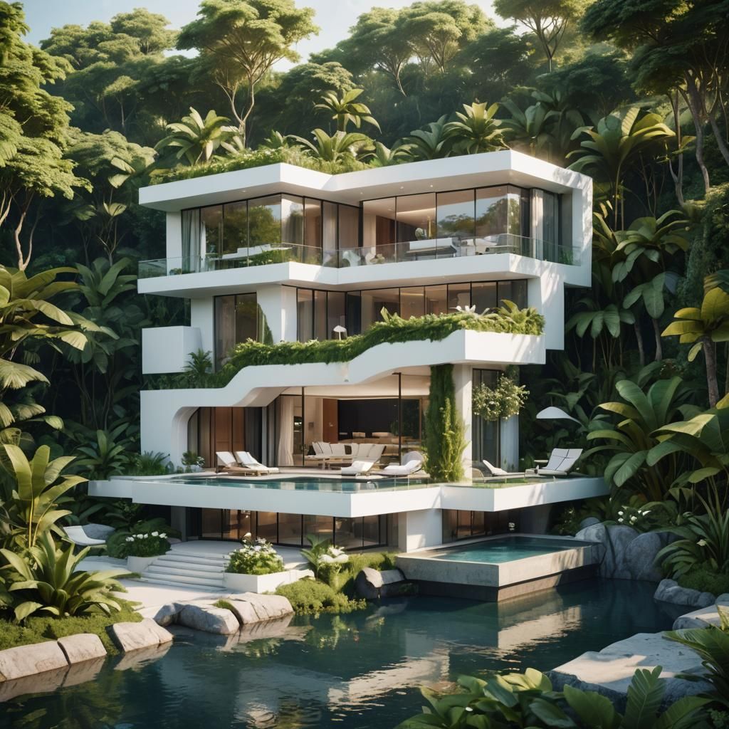 Futuristic White Villa Amidst Lush Greenery