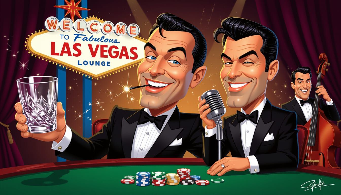 Award-winning digital caricature of The Rat Pack in a classic 1960s Las Vegas lounge. The scene is a ...  by @JuiceBox