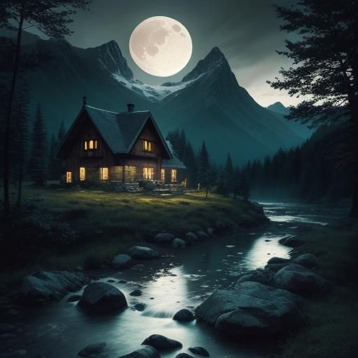 Realistic, cottage  , in the wild, trees, mountains,  rocks,...