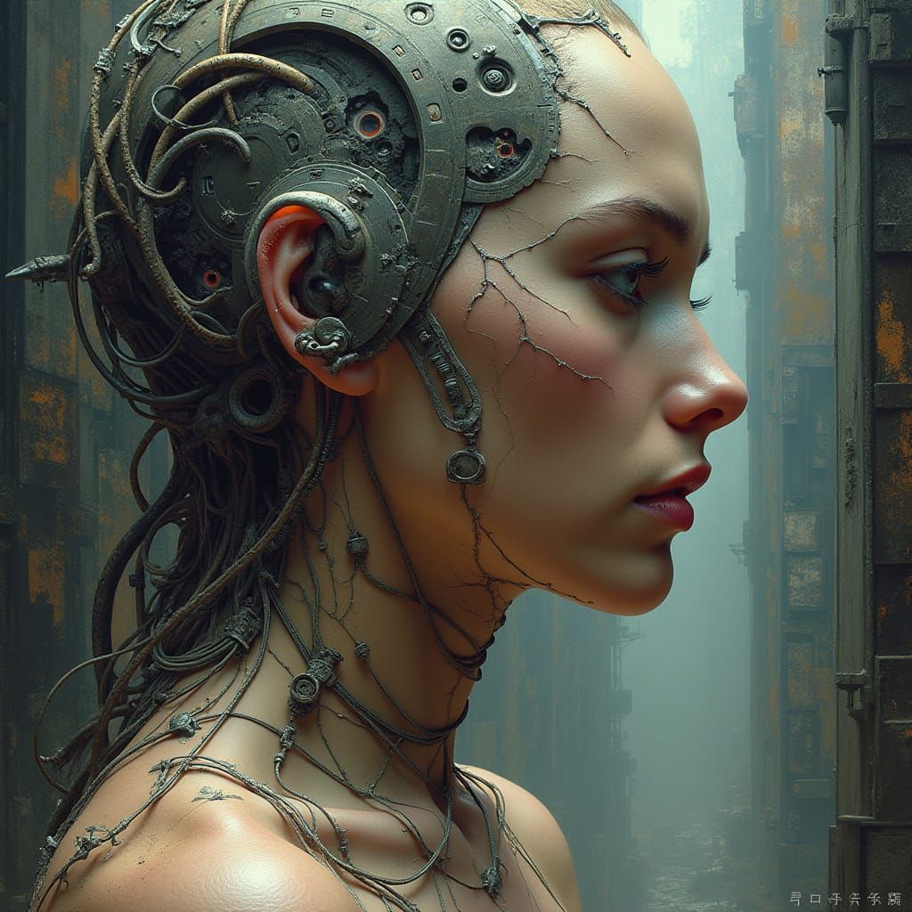 Futuristic Cyber Warrior in a Biomechanical Cathedral