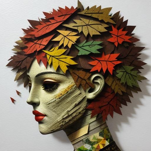 3D, textured torn paper collage art - autumn cozy trees in w...
