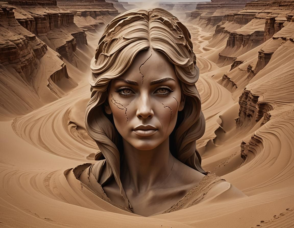 Narrow canyon in the middle of the desert, sand tornado, face of pretty desert woman coming out of this ...  by @ le barbouilleur