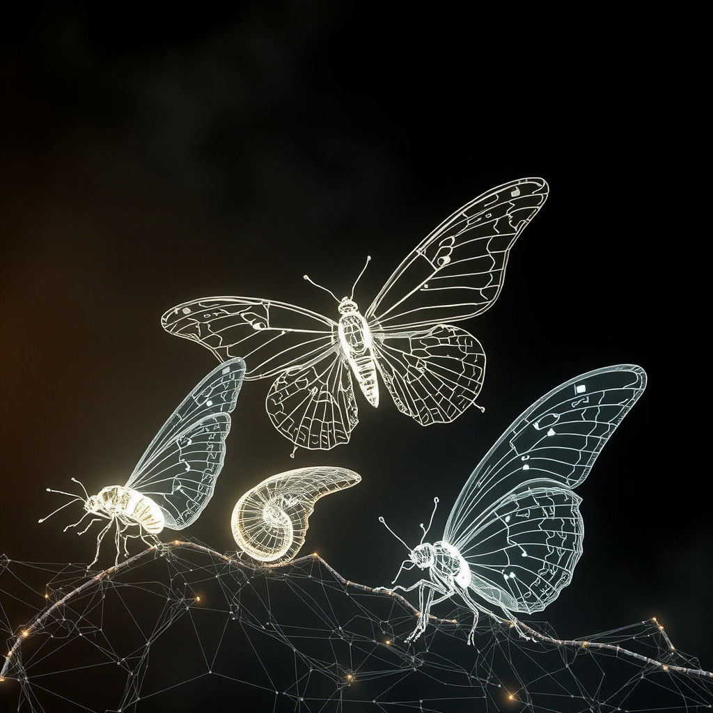 Technological wireframe of butterfly evolution stages, dark ...