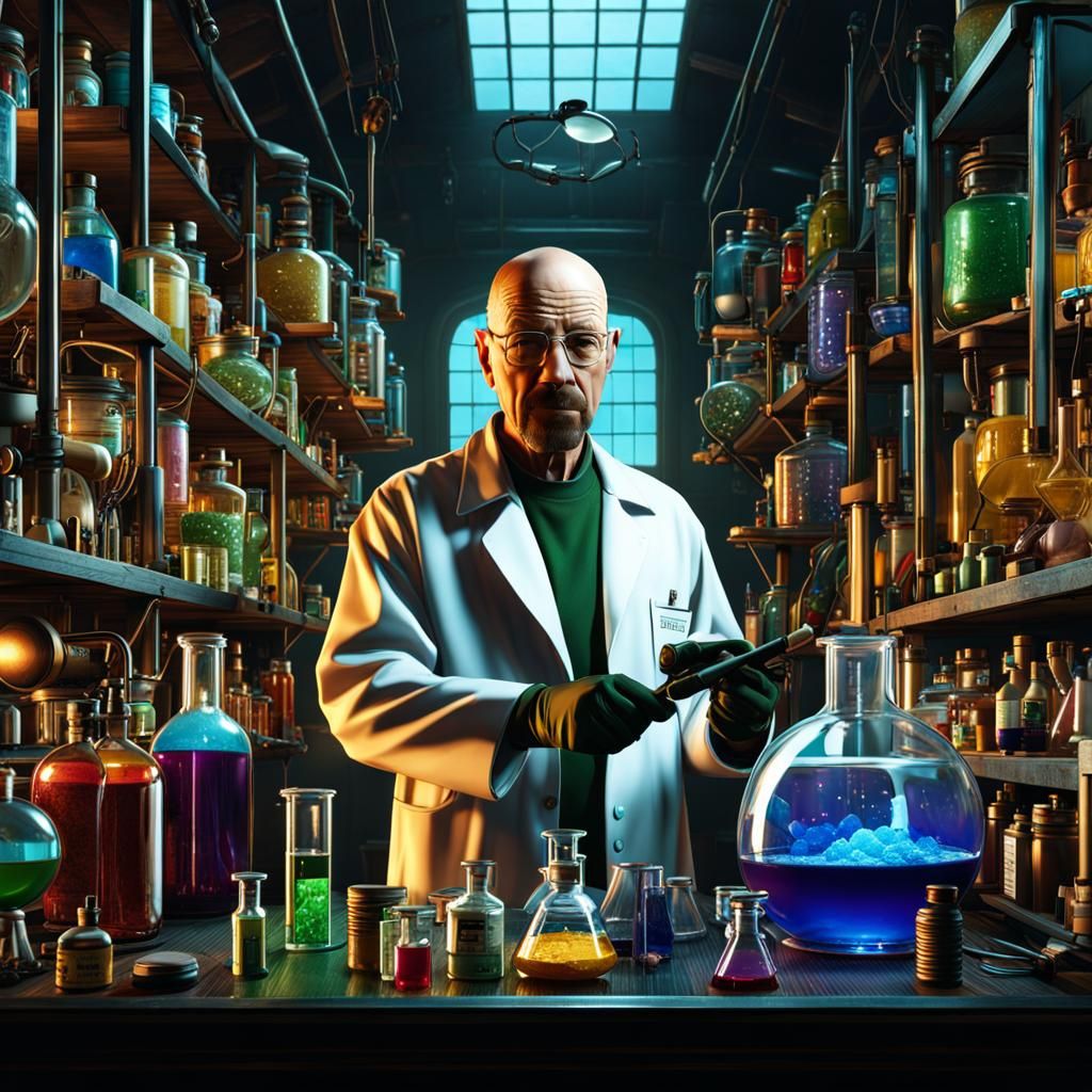 Walter White in his laboratory with chemicals