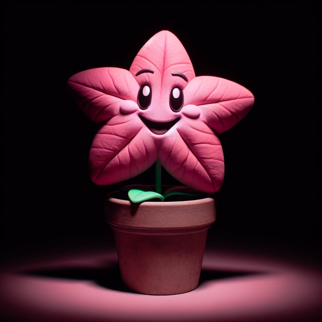 anthropomorphic star pink petunia in a pot smiling with a black background