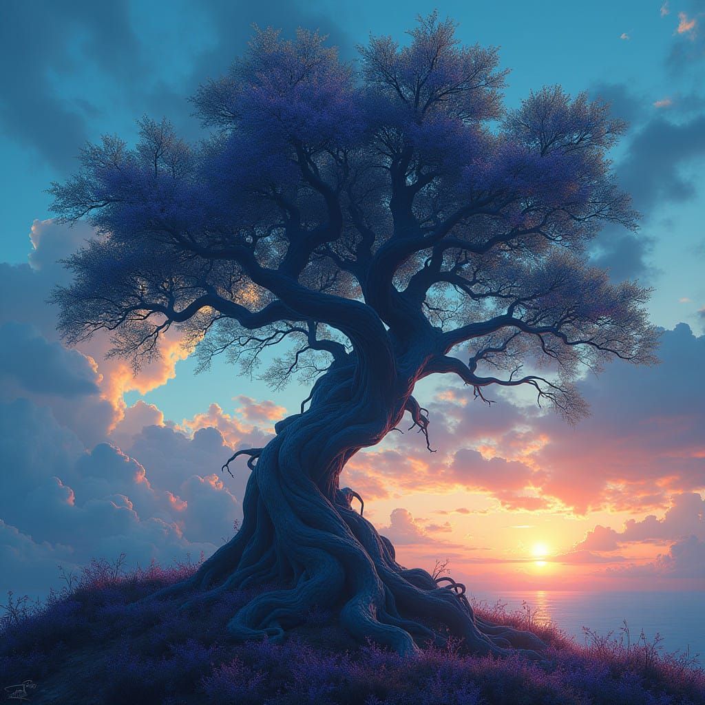 Ancient Tree Stands Tall in Vibrant, Dreamlike Landscape