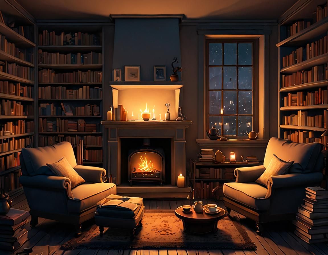 A peaceful living room scene with a glowing fireplace, soft blankets, comfy armchair, small table with a cup of tea, surrounded by candlelig...