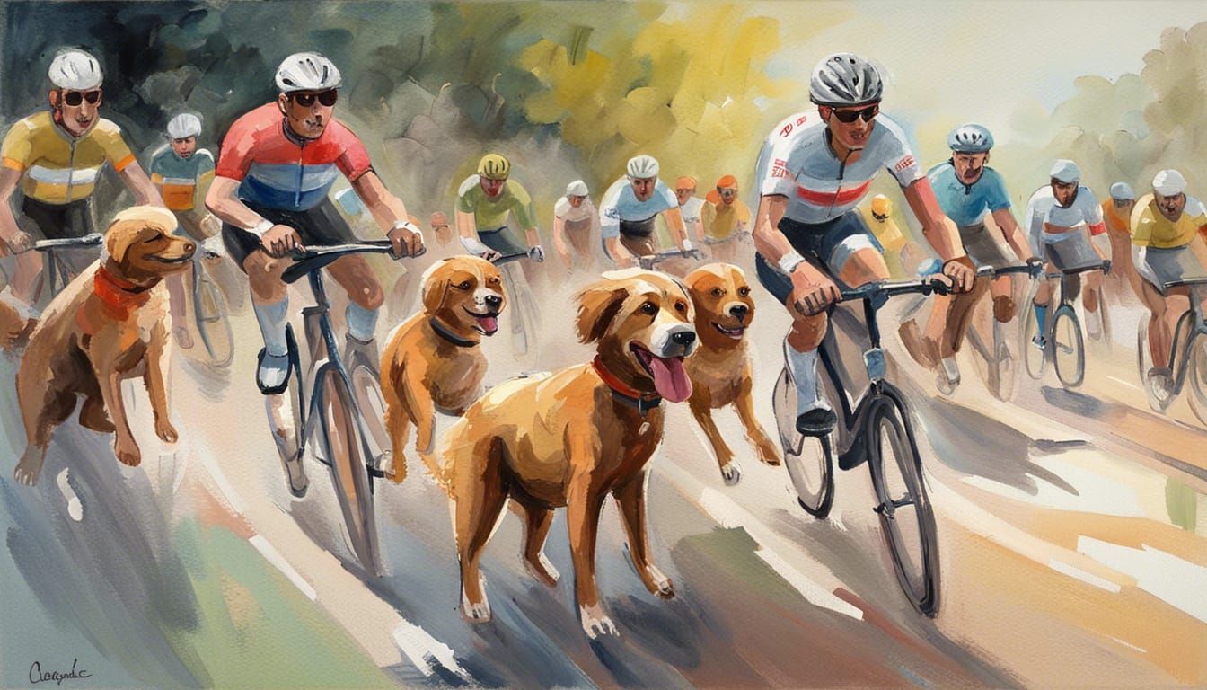 Dogs participate in a cycling race in France.