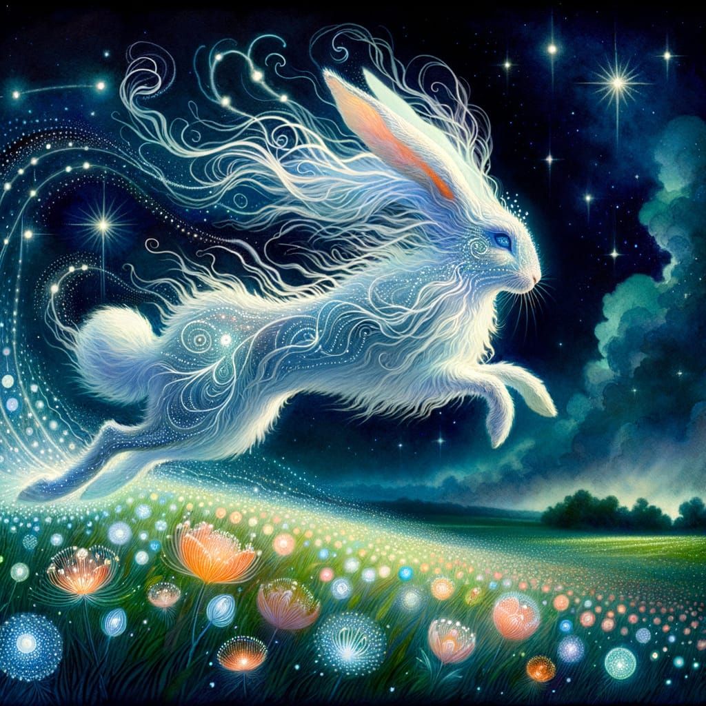 A majestic rabbit with fur like spun moonlight, adorned with celestial patterns, leaping through a field ...  by @K J Baker