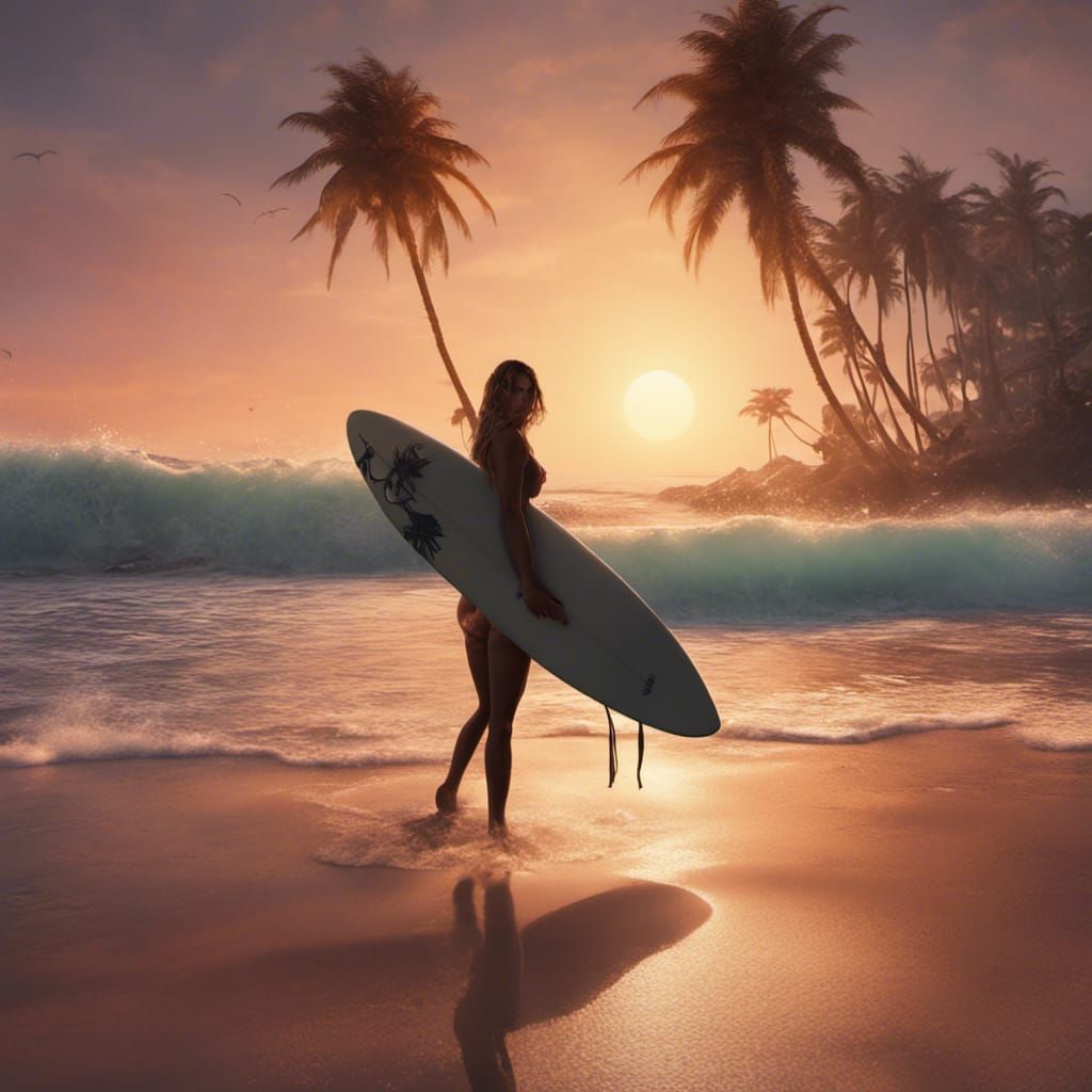 Surfer girl holding surfboard at sunset on the beach with pa...