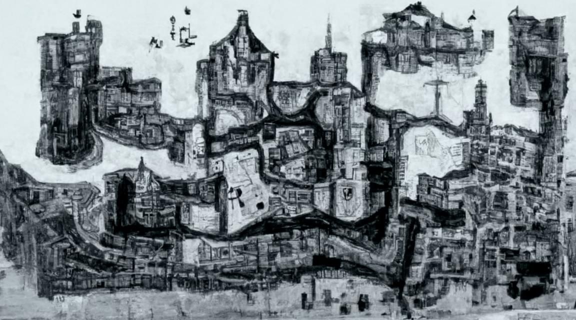Map of medieval city with big prison tower in center