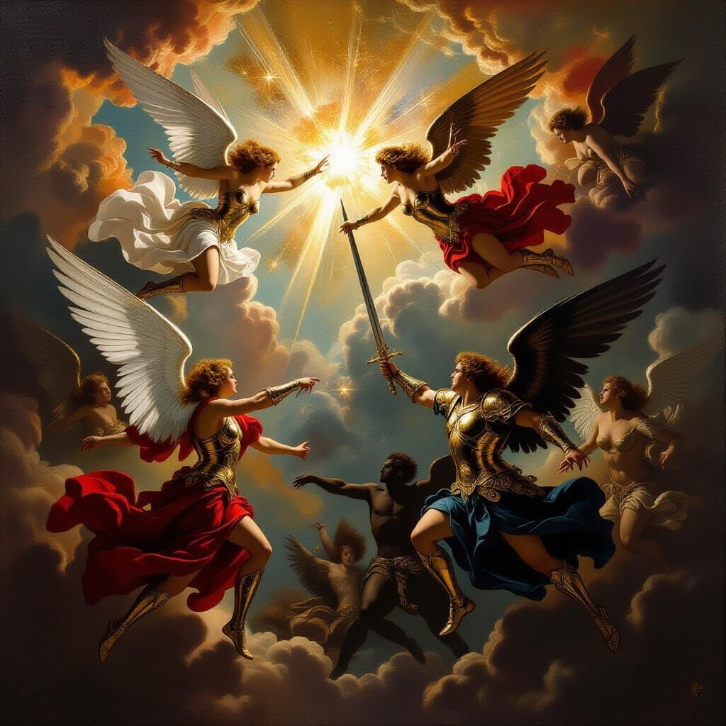 A magnificent Baroque oil painting depicting an epic battle between celestial beings. Angels with feathered wings and gleaming armor clash w...