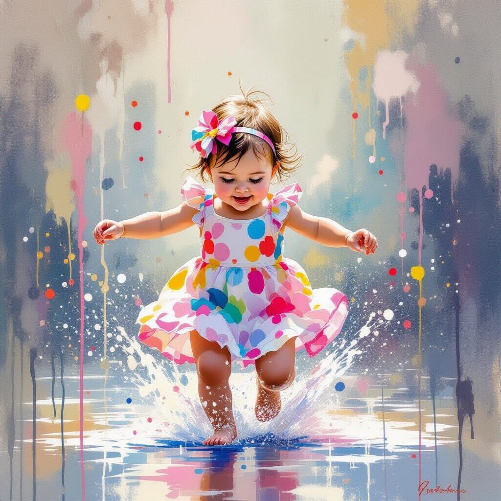 liquid art, wet on wet, baby black and white jumping happy, splashes, in a dress with a print of colored ...  by @Russell 