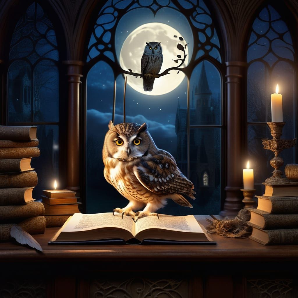 Wise Owl Writes Poetry in Moonlit Library