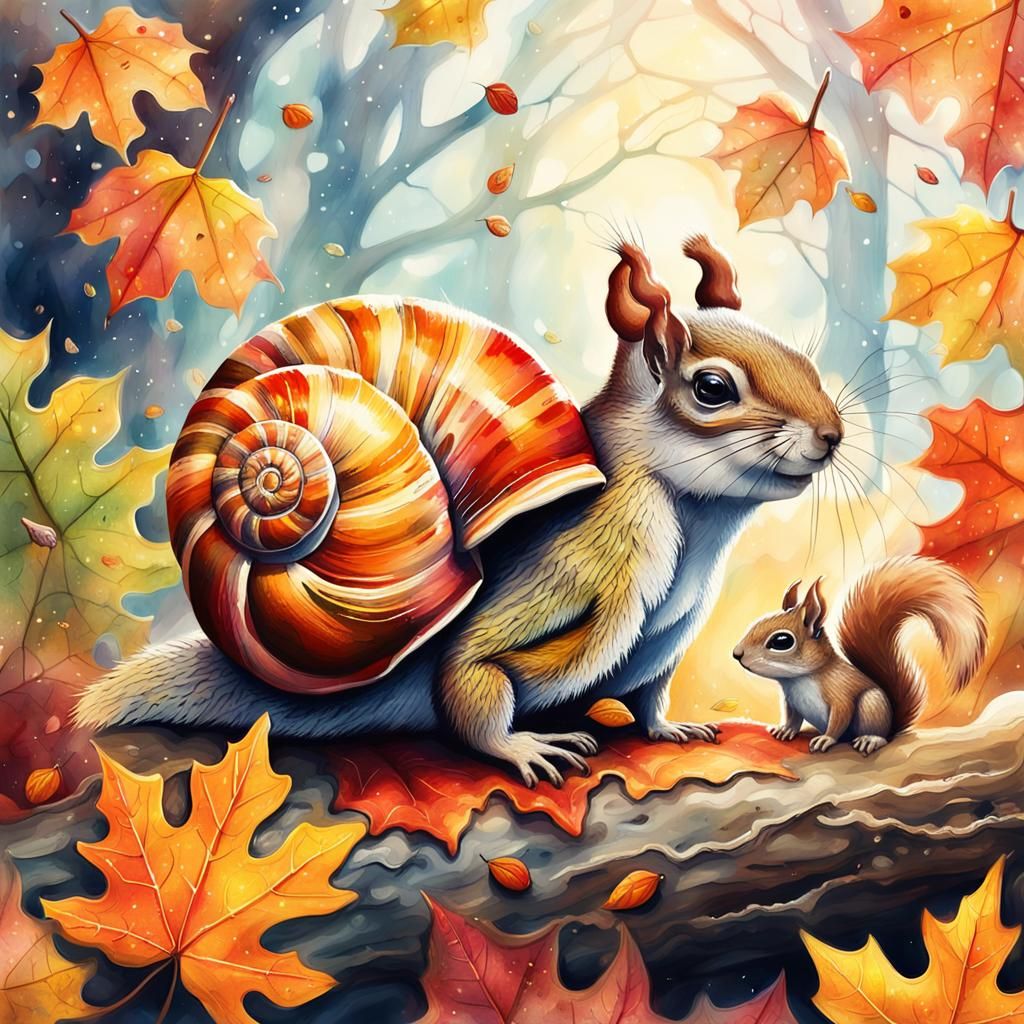 Autumnal Snail and Squirrel in Watercolor Style