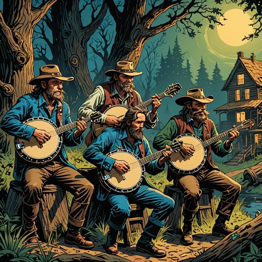 5 men playing banjos