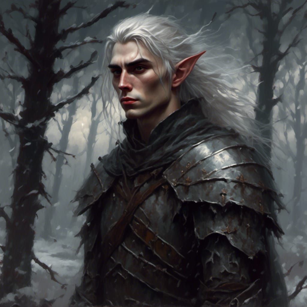 White-haired male elf, youth, thin, skinny, long straight hair. Wearing ...