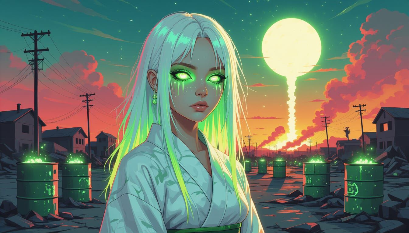 bright surrealism art. side portrait. bold colors, gradients, realism drawn. A young female, with hypervivid iridescent ...