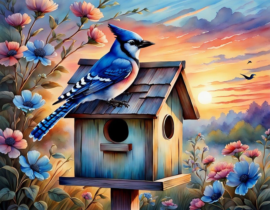 Blue Jay bird house watercolor   by @Goosie Girl 