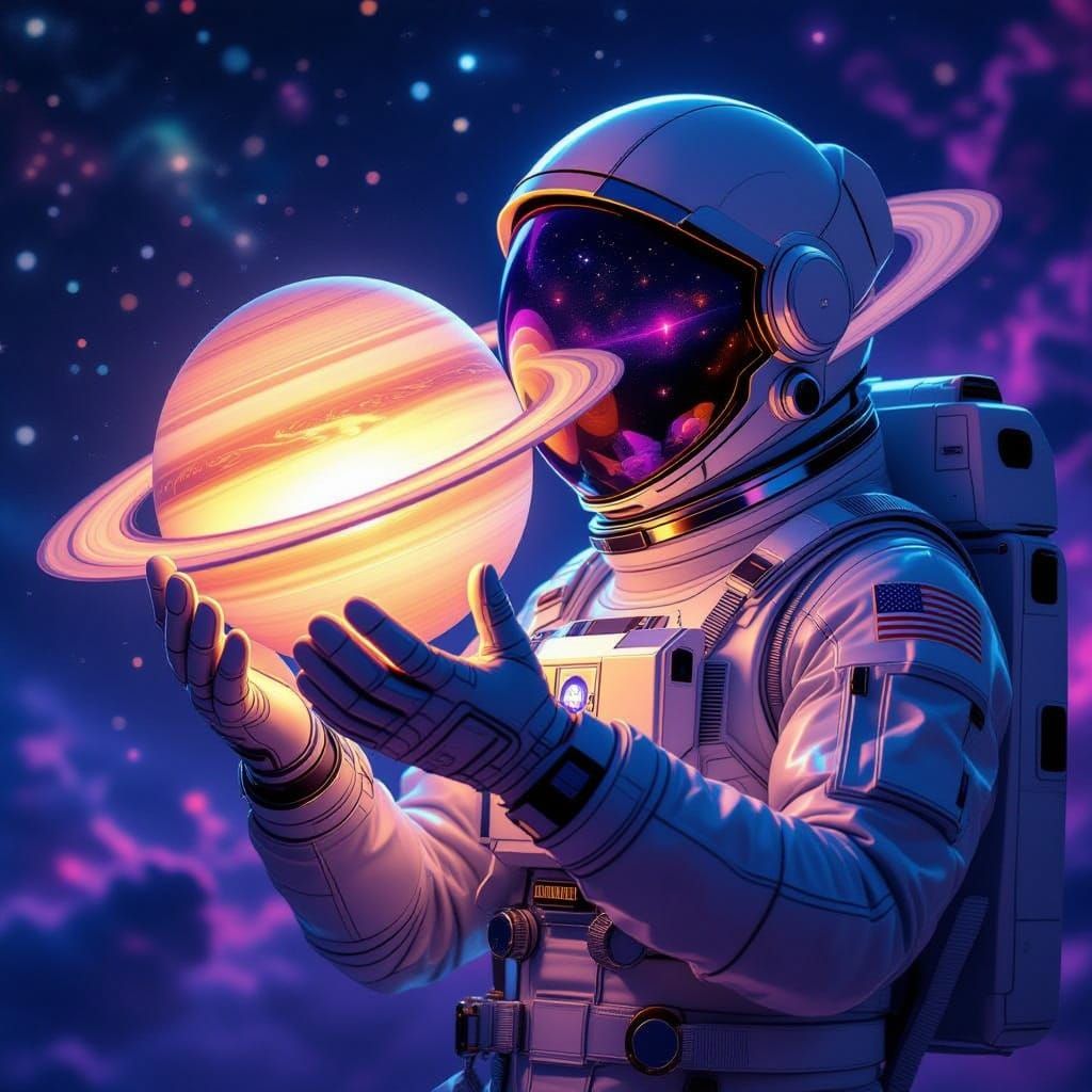 Astronaut Gently Holds Glowing Saturn in Cosmic Sci-Fi Art