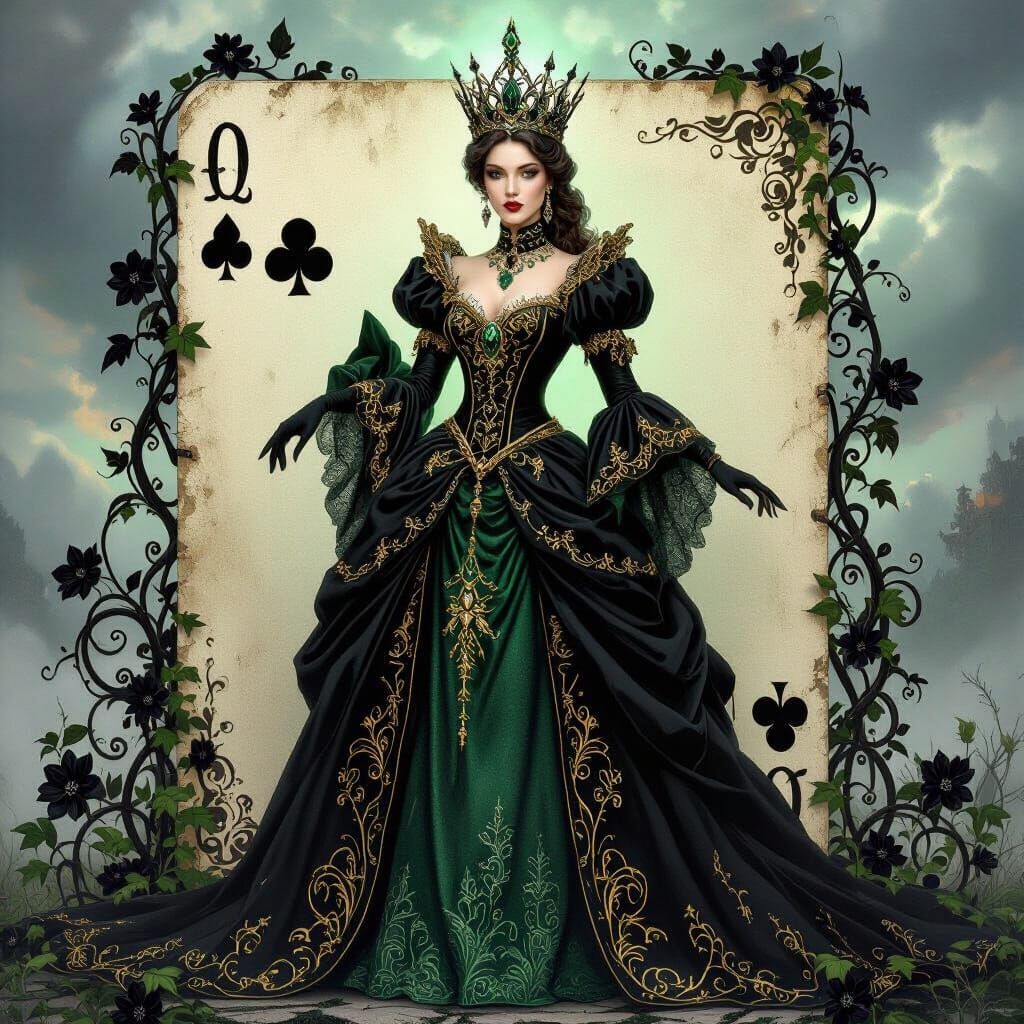 A majestic, fantasy-style portrait of the Queen of Clubs — a mysterious and powerful monarch standing before a giant, weathered playing card...