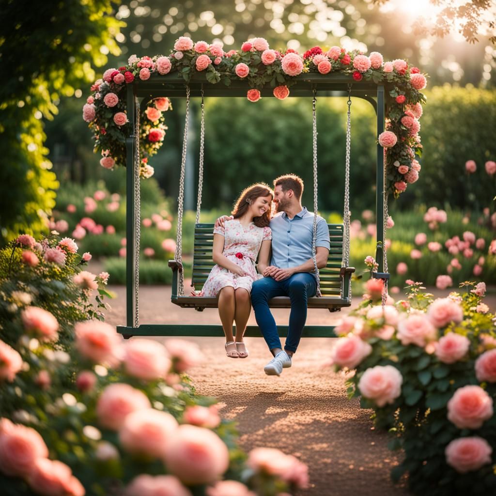 Two lovers on a swing seat in a rose garden