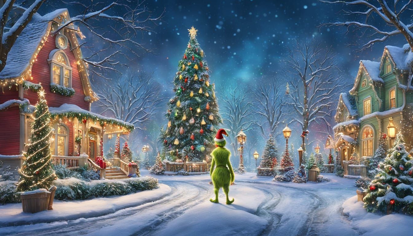 Grinch. strolling through a city park lit up with holiday lights.
  by @realdealiom
