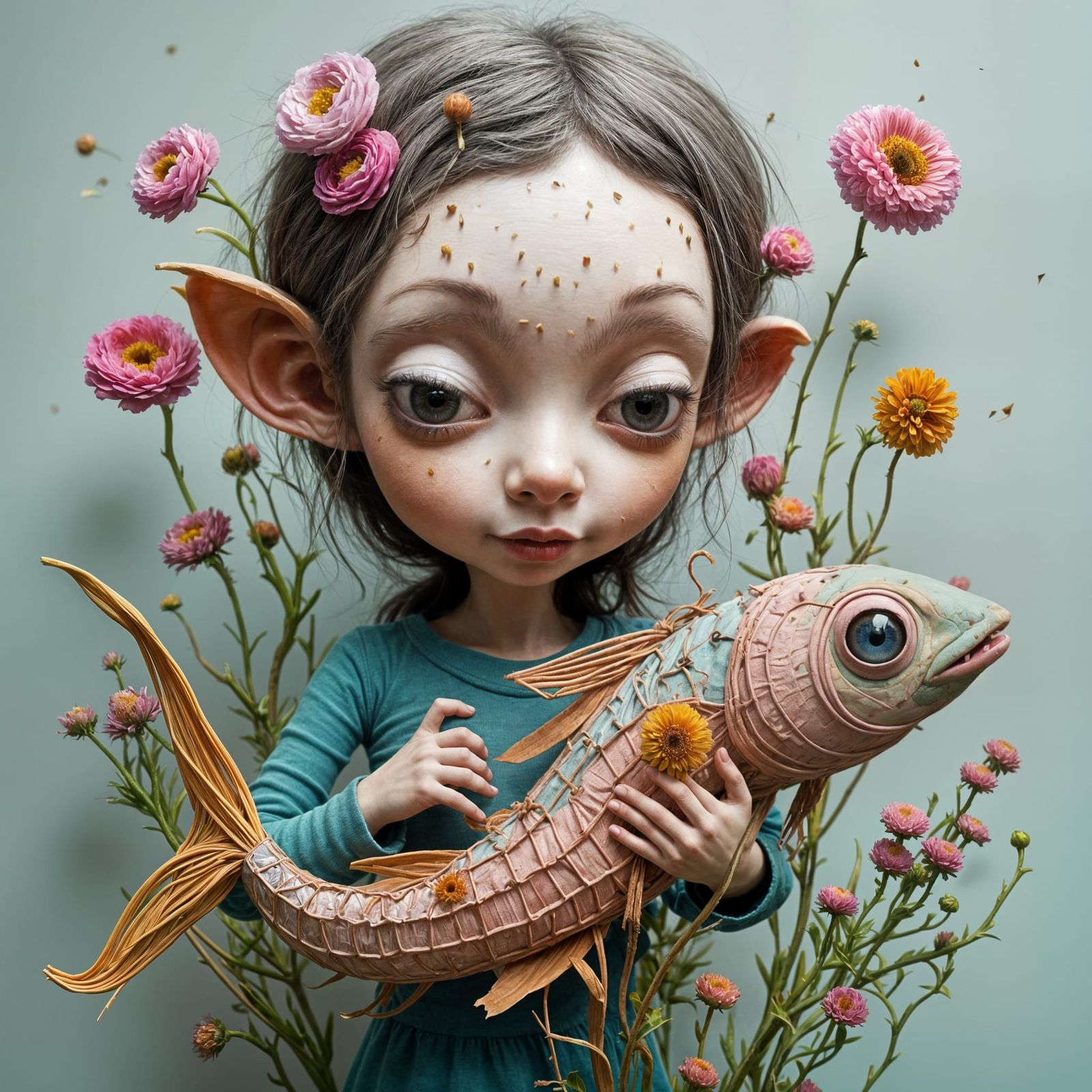 Cracked Porcelain Doll Holds Macrame Fish