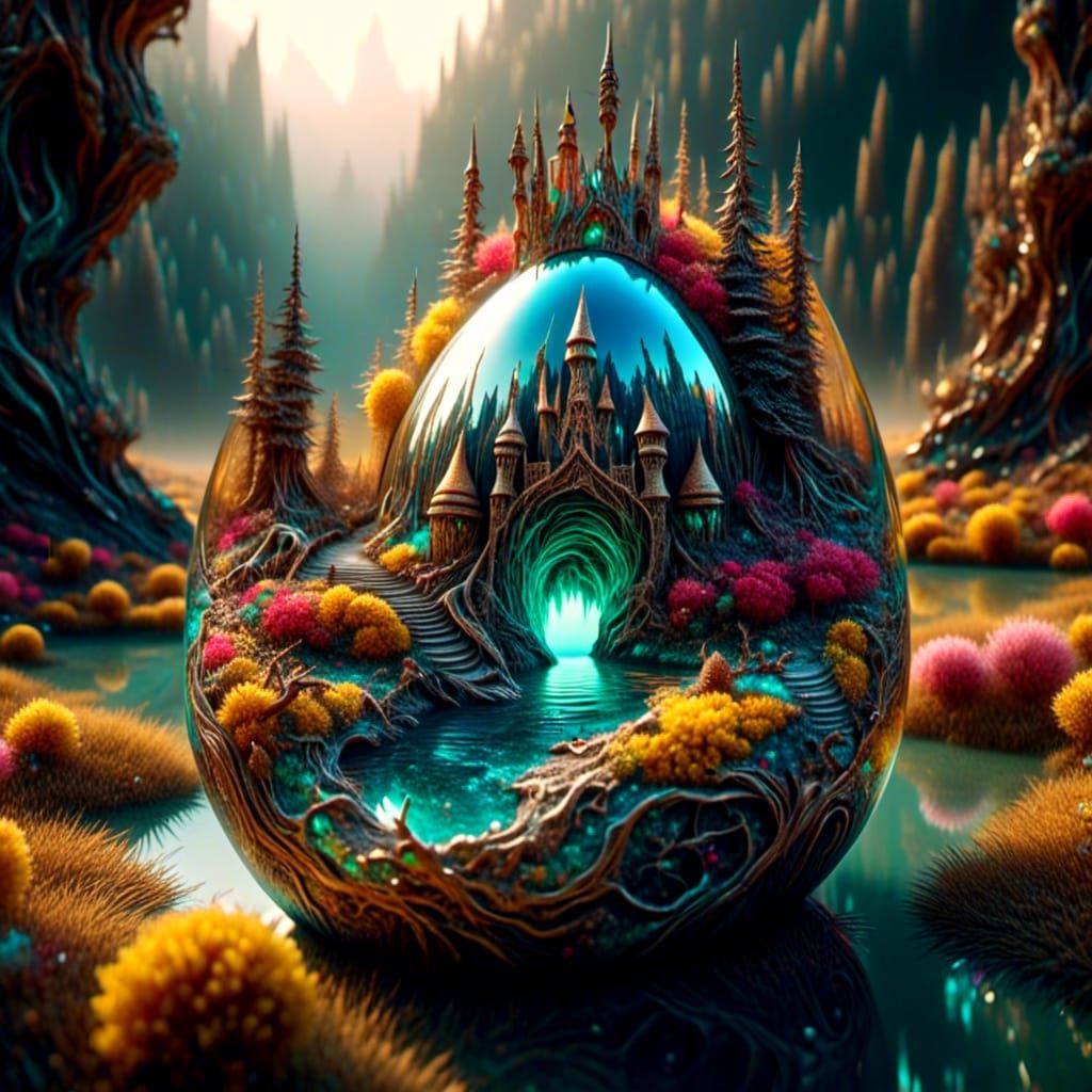 <lora:Surreal Hatchlings:1.0>  a resin egg :: miniature enchanted forest ecosystem inside :: unicorn :: sparkling stream :: a fairy queen's...